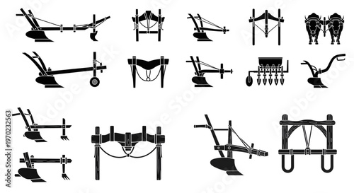 Wooden farm equipment silhouettes, yokes and traditional plows,  A set of detailed black and white silhouette icons, traditional farm implements. yokes rendered with a visible wood-grain texture 