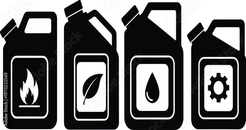 Four black oil containers with different symbols