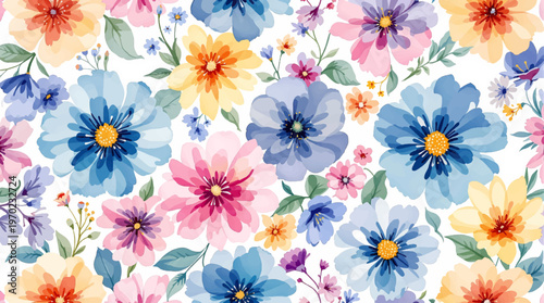 A seamless botanical print combining soft pastels with bright floral accents