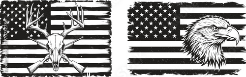 Patriotic wildlife duo a striking black and white design featuring an american eagle and majestic buck silhouette against a flag backdrop