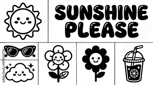 Black and white sunshine please text with smiling sun flowers cloud sunglasses and drink vector art