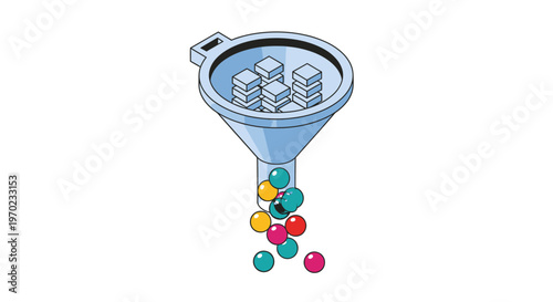 Data Transformation Concept: Funnel Converting Structured Data Blocks into Colorful Spheres, Business Processing and Optimization Illustration