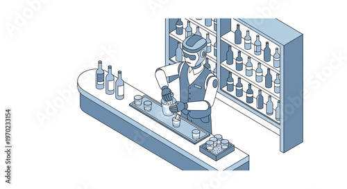 Isometric Illustration of an AI Robot Bartender Serving Cocktails at a Futuristic Bar - Automated Hospitality and Technology Concept