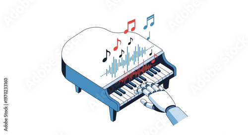 AI Music Generation Concept: Robotic Hand Playing Grand Piano with Digital Sound Waves and Music Notes Isometric Illustration