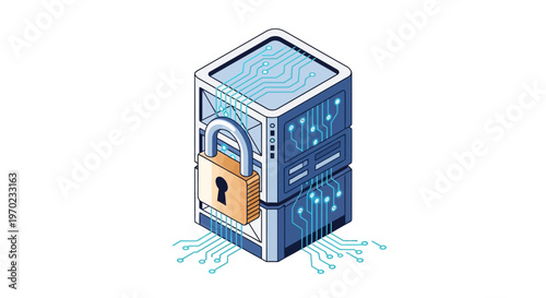 Isometric Data Security Illustration Representing Secure Cloud Server Storage with a Padlock and Circuitry