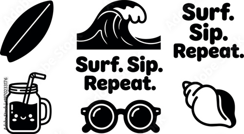 Black and white vector art surf sip repeat with wave sunglasses and drink