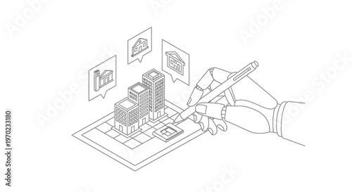 Robotic Hand Designing Smart City and Architecture on Virtual Grid Isometric Line Art Illustration