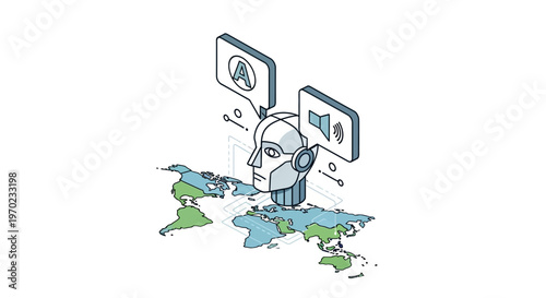 Isometric AI Robot Head with Language Translation and Voice Recognition Icons over Global World Map, Artificial Intelligence Communication Concept