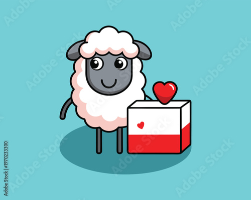Sheep character with charity donation box and red heart symbol for kindness and volunteer concepts