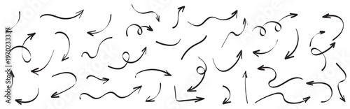 Scribbled Arrow Shapes Doodle Style Vector Set. Different hand drawn arrow element collection.