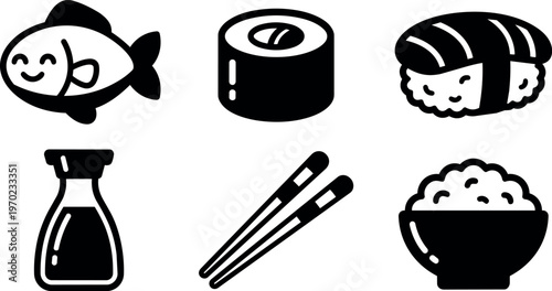 Black and white sushi fish rice bowl soy sauce and chopsticks vector art