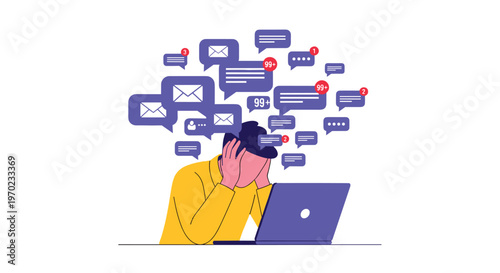 A man sits at a desk with his hands on his head, overwhelmed by a flood of message and email notifications from his laptop.