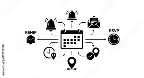 Flow Based Event Planning Calendar with Connected Icons Black Silhouette Flat UI Vector Illustration