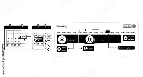 Split Timeline and Calendar Hybrid Scheduling UI Black Silhouette SaaS Vector Illustration