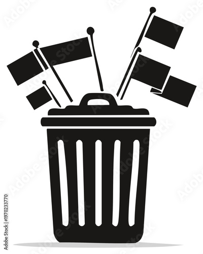 Trash can overflowing with black flags symbolizing defeat and failure