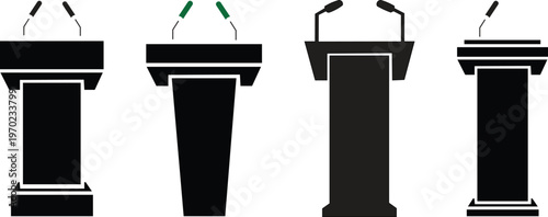 Vector Set of Public Speaking Podiums, Microphones, and Lecterns for Conferences, Public Speaking Events, and Presentations – Icon Collection for Professional Speakers and Public Address Systems