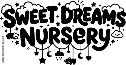 Black and white sweet dreams nursery lettering with stars moon cloud and teddy bears