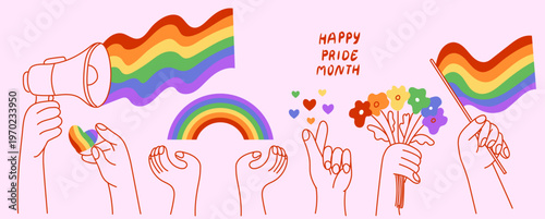 Doodle people hands hold flowers, heart love symbols, megaphone and flag with lgbt rainbow. Pride month celebration against violence, discrimination, human rights violation support banner, placard.