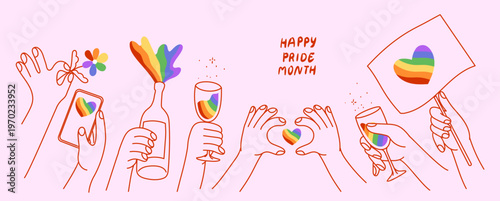 Doodle line people hands hold flower, champagne, smartphone and flag with lgbt rainbow. Pride month celebration against violence, discrimination, human rights violation support banner, poster, placard