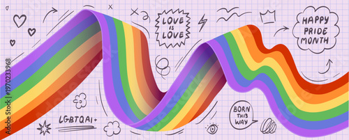 Rainbow lgbt ribbon flag with 3d effect. Pride month, week or day vector flat illustration. LGBTQ support social media banner, poster, placard, card or party invitation on pink with doodle scribbles.