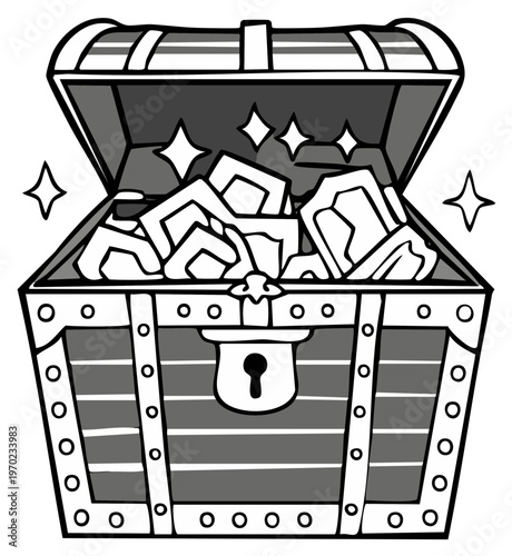 Open treasure chest overflowing with gold coins and sparkling gems, vector illustration