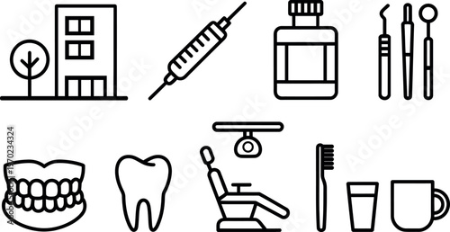 Collection of dental care and medical icons illustrating oral hygiene and clinic services