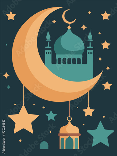 Crescent moon and mosque with stars and lanterns on dark blue background