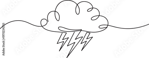 Continuous one line editable drawing of thundercloud and lightning, Single continuous line art rainy stormy cloud. one line Icon drawing