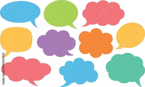 Collection of ten colorful diverse speech and thought bubble shapes isolated on a transparent background
