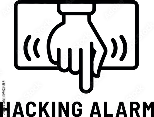 Digital hand icon touching a screen with alarm signal waves and hacking alarm text