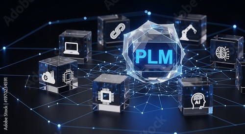 Product lifecycle management concept with plm text and icons representing different stages of the product lifecycle on a black background. Digital Connectivity for Smart Manufacturing and Industrial