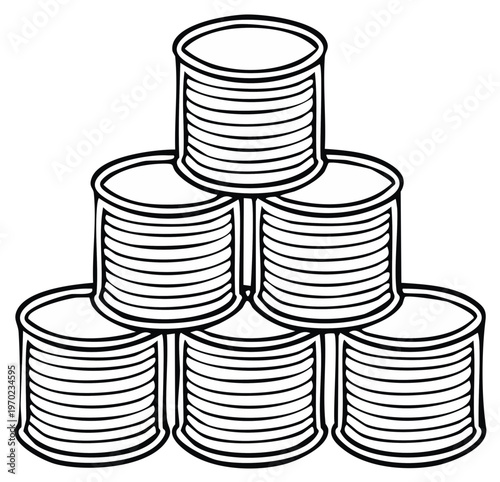 Pyramid of canned food items stacked in rows for storage and preservation