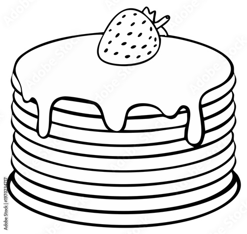 Hand drawn stack of pancakes topped with glaze and a single strawberry