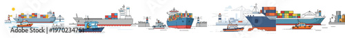 A flat vector illustration of a harbor pilot guiding a large cargo ship into the port with a small pilot boat, featuring minimal geometric shapes, a modern maritime illustration style, clean outlines