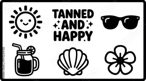 Tanned and happy phrase with sun flower sunglasses shell and drink icons vector art