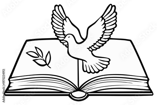 Dove with Olive Branch Emerging from Open Book Symbolizing Peace and Knowledge