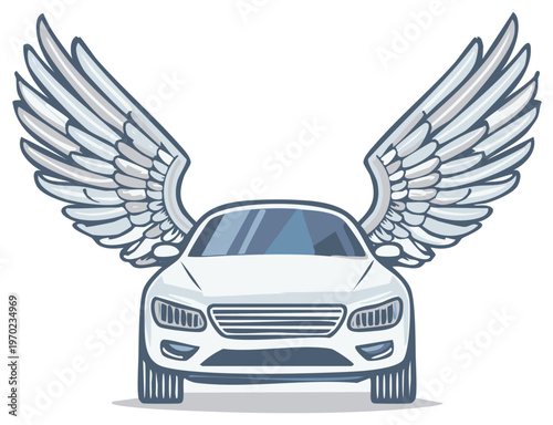 Conceptual white car with large feathered wings spread wide in front view isolated on white.
