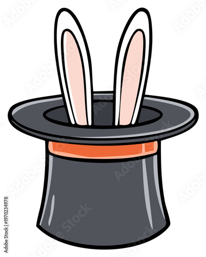 Cartoon illustration of a magic hat with rabbit ears sticking out, illusion concept