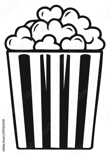 Freshly Popped Popcorn in Striped Container Ready to Eat at the Movies or as a Snack Food, Black and White Vector Illustration