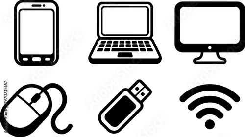 Black and white line art computer laptop phone mouse usb wifi icons