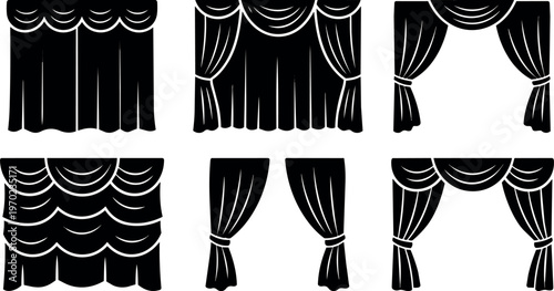 Black silhouette stage curtains collection with various drapes and tiebacks