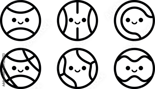 Cute happy cartoon faces on six different black and white tennis balls