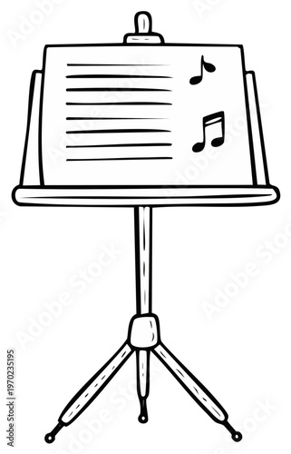 Simple musical notation displayed on a tripod music stand hand drawn illustration