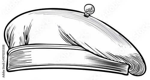 Engraved Style Beret Cap with Pompom Topping, Hand Drawn Hat Illustration