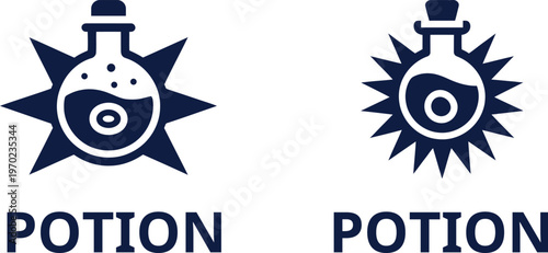 Two dark blue potion bottle icons with starbursts isolated on transparent background