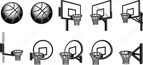 Basketball hoop and ball vector icon set, backboard with net collection, sport equipment illustration, streetball game elements, dunking basketball basket, isolated, black.