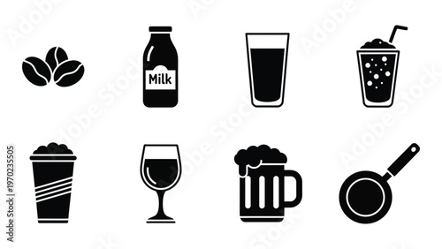 A collection of black icons depicting beverages coffee beans and kitchenware in a minimalist silhouette high quality professional detailed modern elegant