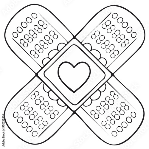 Crossed adhesive bandages with a heart symbol in the center black and white line art illustration