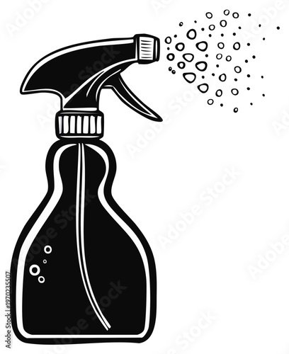 Black silhouette of a spray bottle dispensing a fine mist of liquid, isolated on a white background.