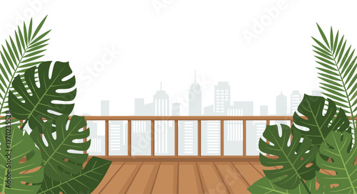 A wooden balcony floor and railing are framed by lush tropical leaves with a distant, light grey city skyline in the background.
